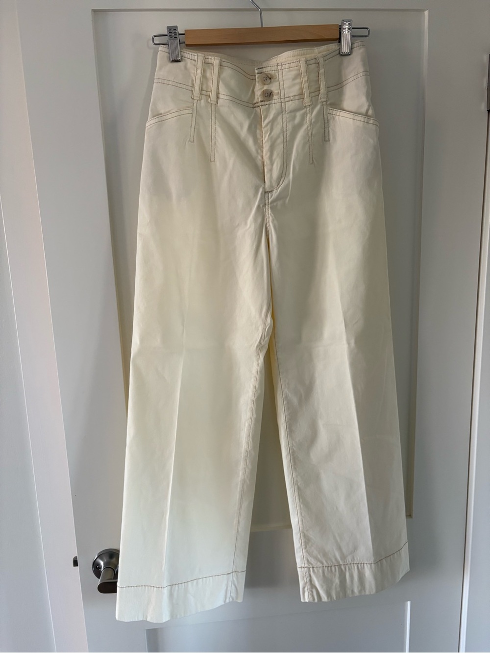 Anthropologie Wide‑Leg Cream Crop Pants Size 26 | High Waist | Contrast Stitch
